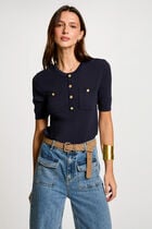 Pull manches courtes col rond bleu marine femme