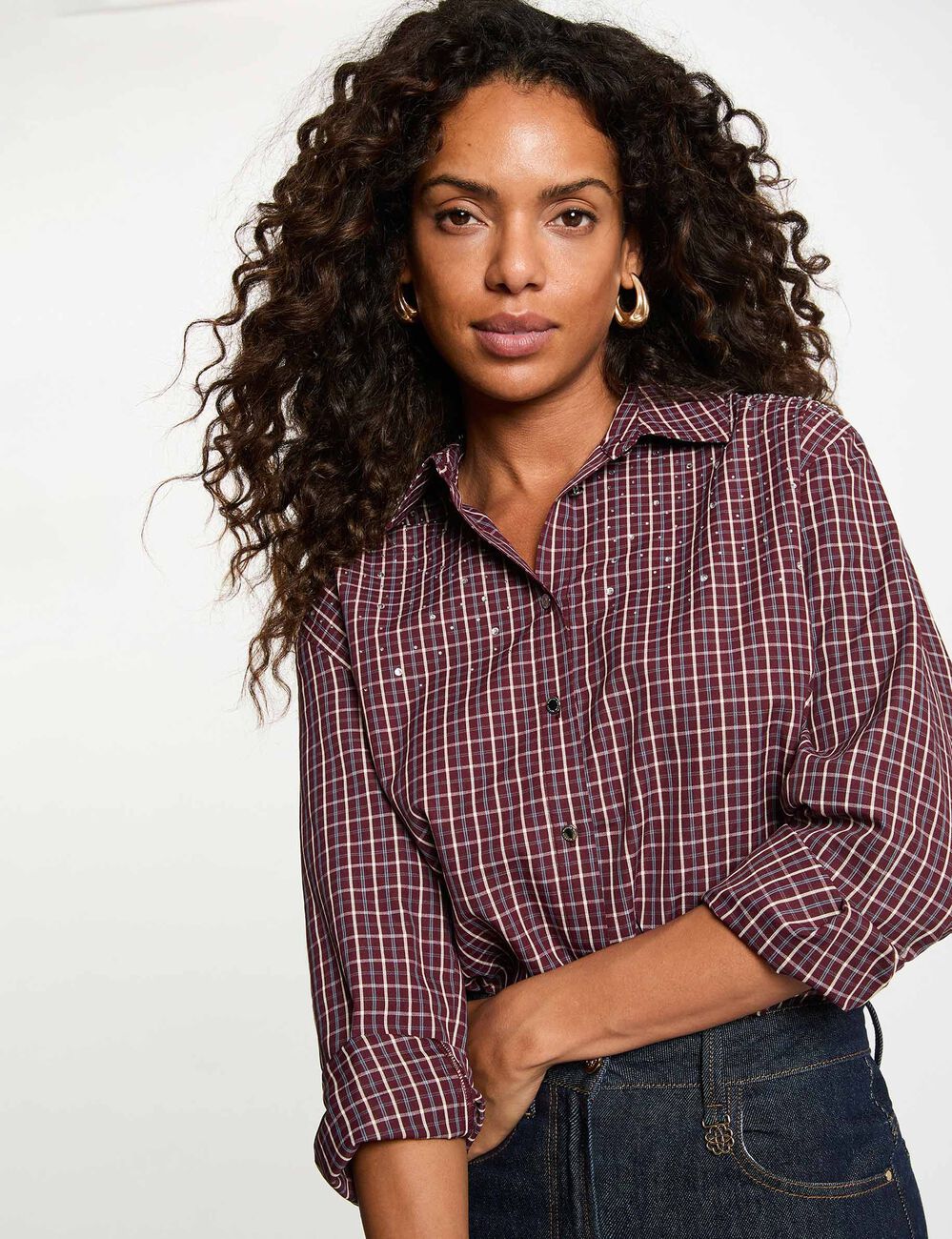 Checked shirt with rhinestones bordeaux women