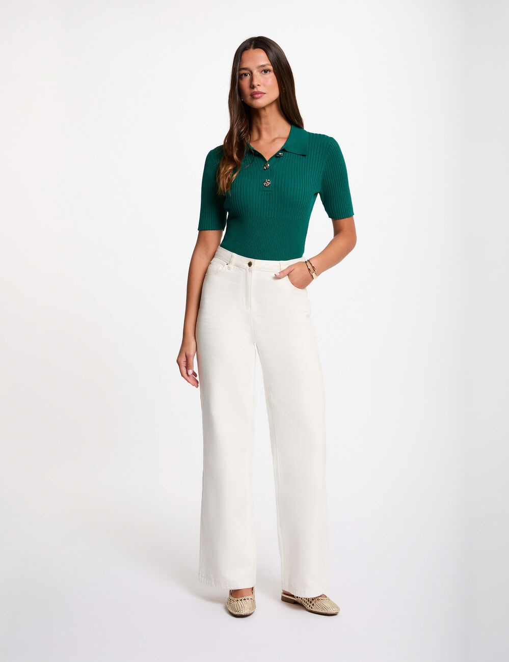 Sweater with a turned-down collar green women