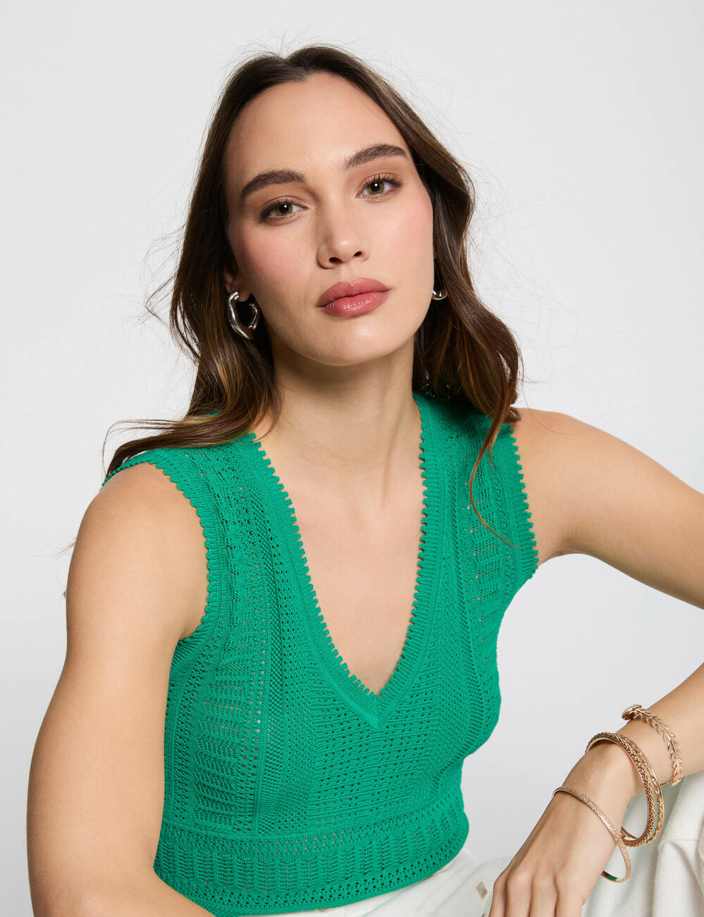 Sleeveless openwork jumper emerald green women