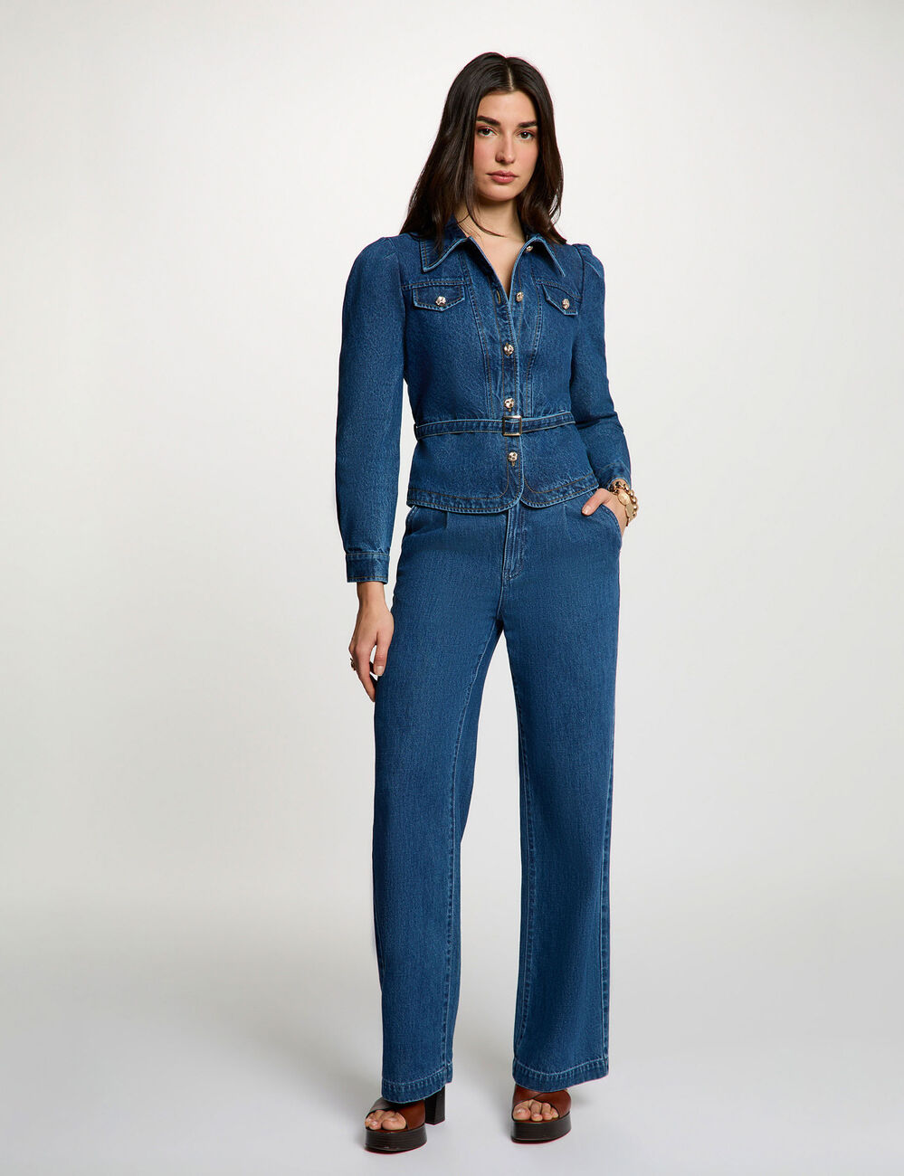 Belted denim jacket denim stone women