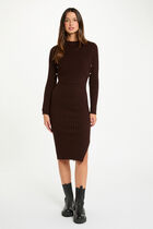 Fitted knit dress with long sleeves dark brown women