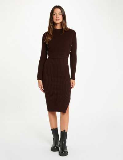 Fitted knit dress with long sleeves dark brown women
