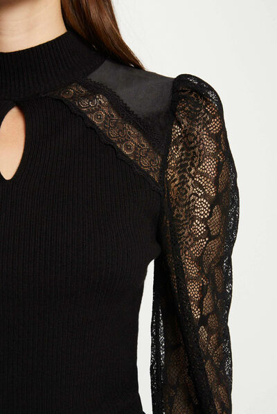 Long-sleeved jumper with lace black ladies'