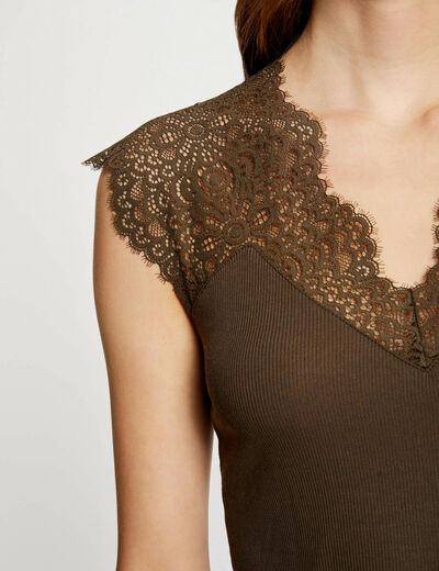 Vest top with wide straps and lace khaki green women