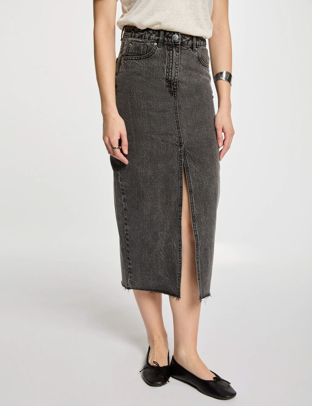 Jupe fendue en jean gris moyen femme