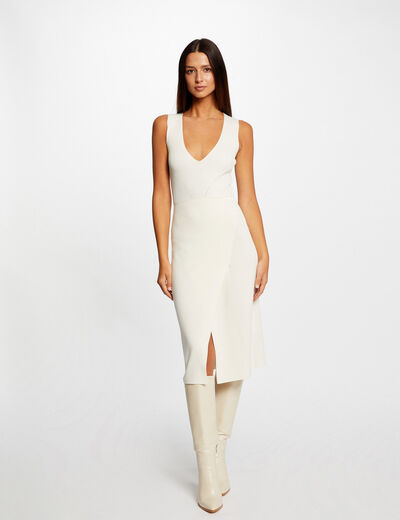 Fitted midi jumper dress with V-neck ivory ladies'