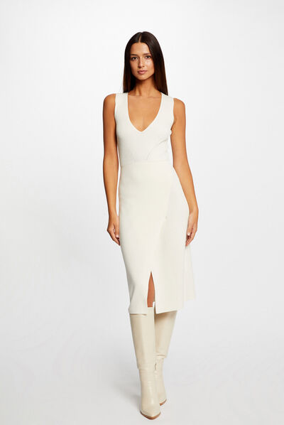 Fitted midi jumper dress with V-neck ivory ladies'