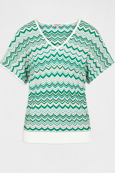 Short-sleeved jumper chevron print green ladies'