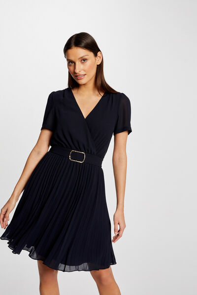 Skater dress with pleated bottom navy ladies'