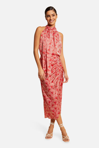 Maxi straight dress with abstract print red ladies'
