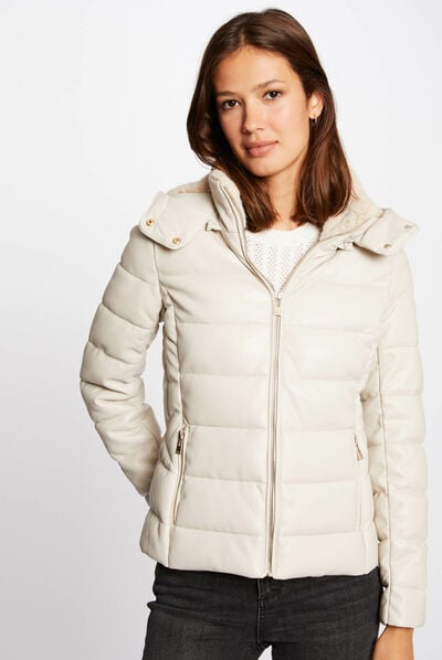 Straight padded jacket with hood ivory ladies'