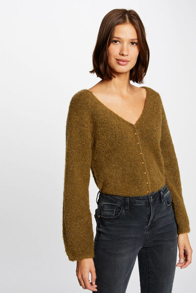 Long-sleeved jumper with V-neck mid-green ladies'