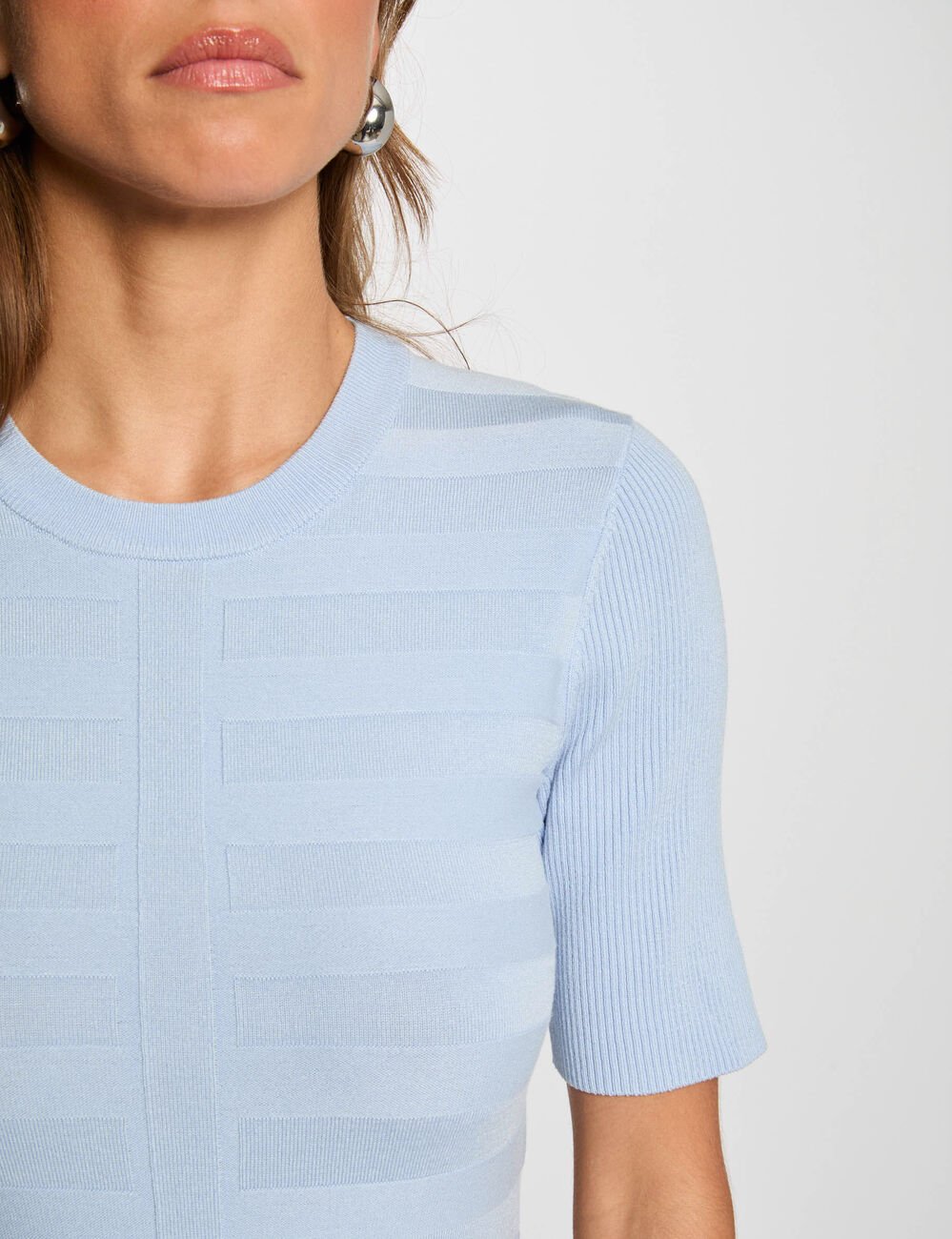 Pull col rond manches courtes bleu ciel femme