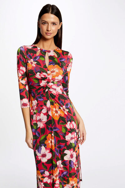 Shirred fitted midi dress floral print multico ladies'