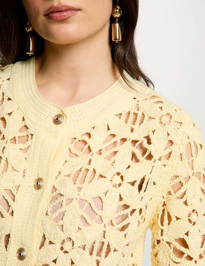 Crochet cardigan with round neck pastel yellow women