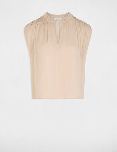 Satin short-sleeved blouse light beige women