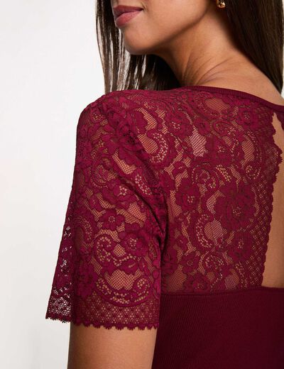 Lace V-neck t-shirt bordeaux women