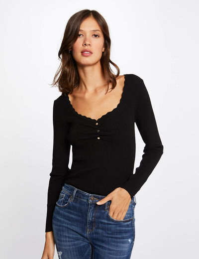 Long-sleeved jumper with scallop hem black ladies'