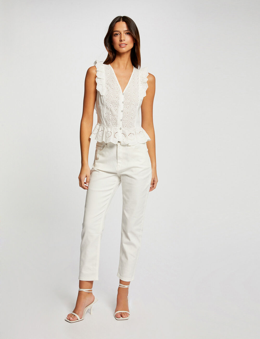 Short-sleeved t-shirt with ruffles ecru women