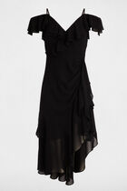 Straight midi dress ruffles navy blue women