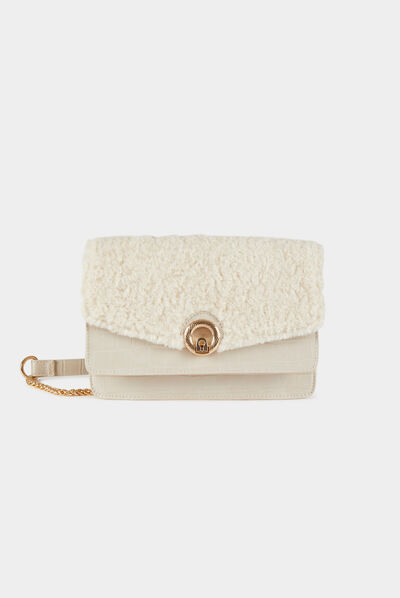 Faux fur flap bag beige ladies'