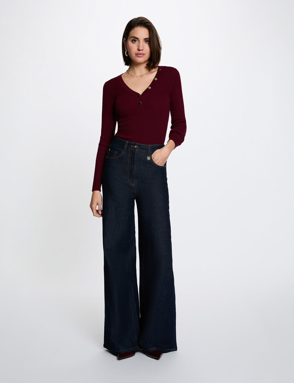 Fitted V-neck sweater bordeaux women