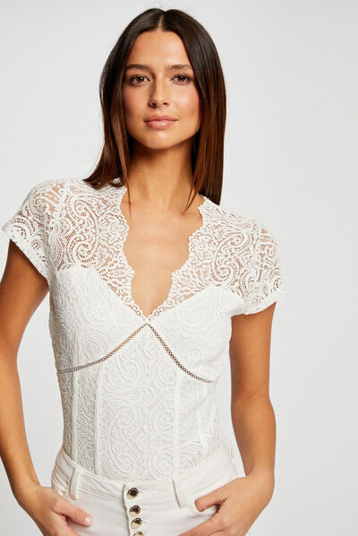 Short-sleeved t-shirt with lace ecru ladies'