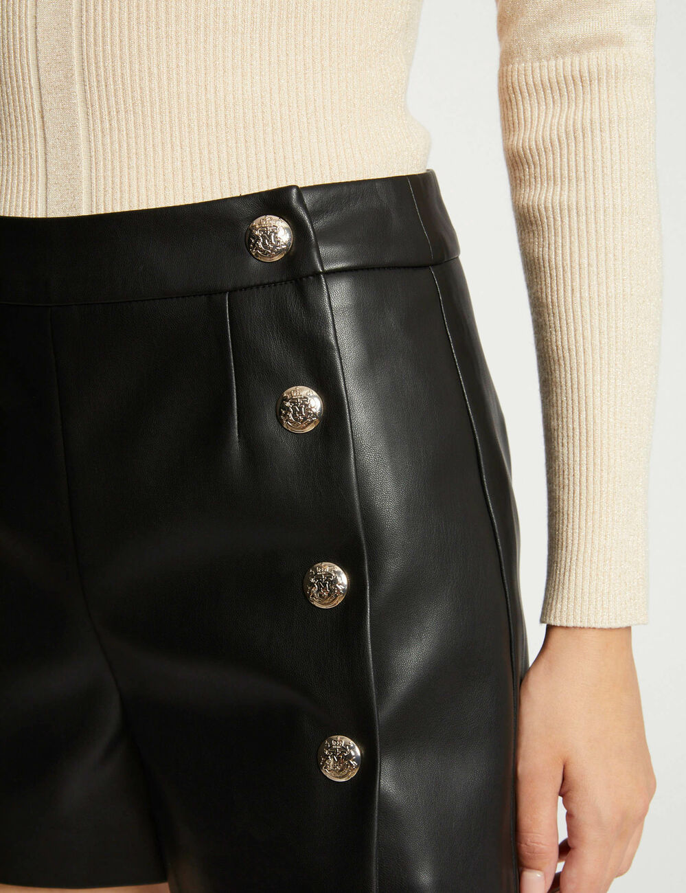 Loose faux leather shorts with buttons black women