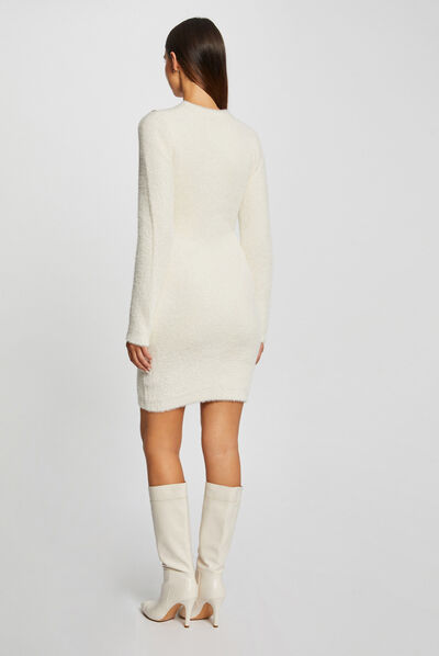 Fitted jumper dress fluffy knit ivory ladies'