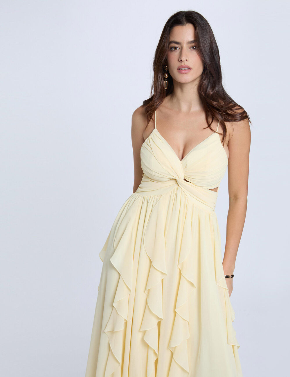Long dress with V-neck pastel yellow women