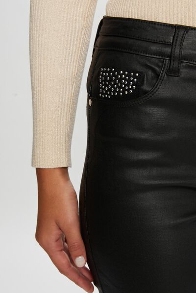 Skinny trousers wet effect rhinestones black ladies'