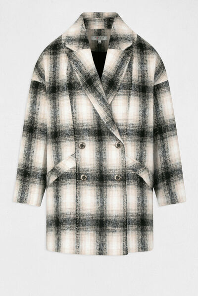 Loose buttoned coat with check print beige ladies'