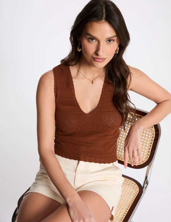 knitted top with v neck cognac brown women Knitted top with V-neck cognac brown women