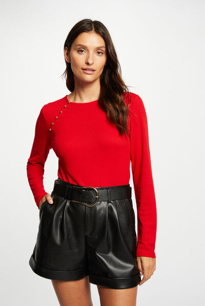 Ribbed long-sleeved t-shirt red ladies'