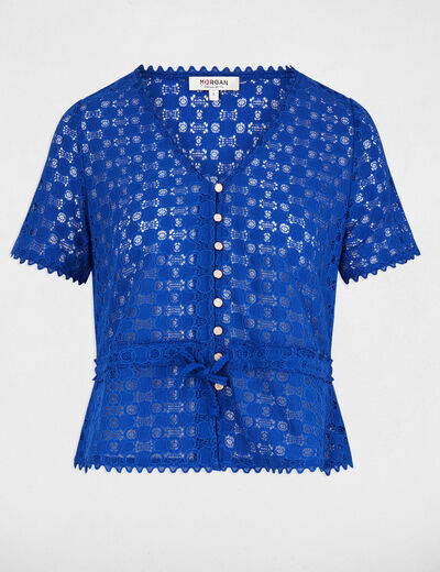 Short-sleeved t-shirt with lace electric blue women