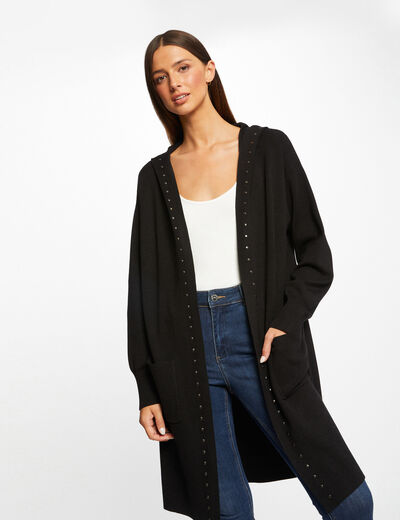 Long cardigan with hood and studs black ladies'