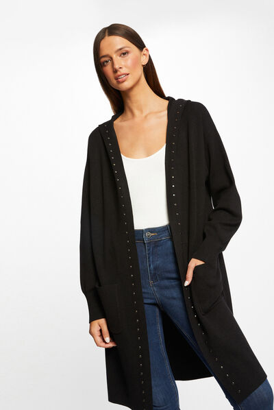 Long cardigan with hood and studs black ladies'