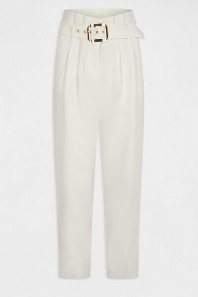 High-waisted straight belted trousers ecru ladies'