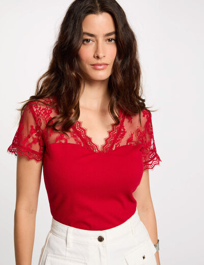 Short-sleeved t-shirt with lace red women