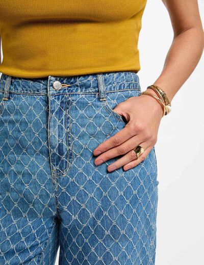 Printed wide leg jeans stone wash denim women
