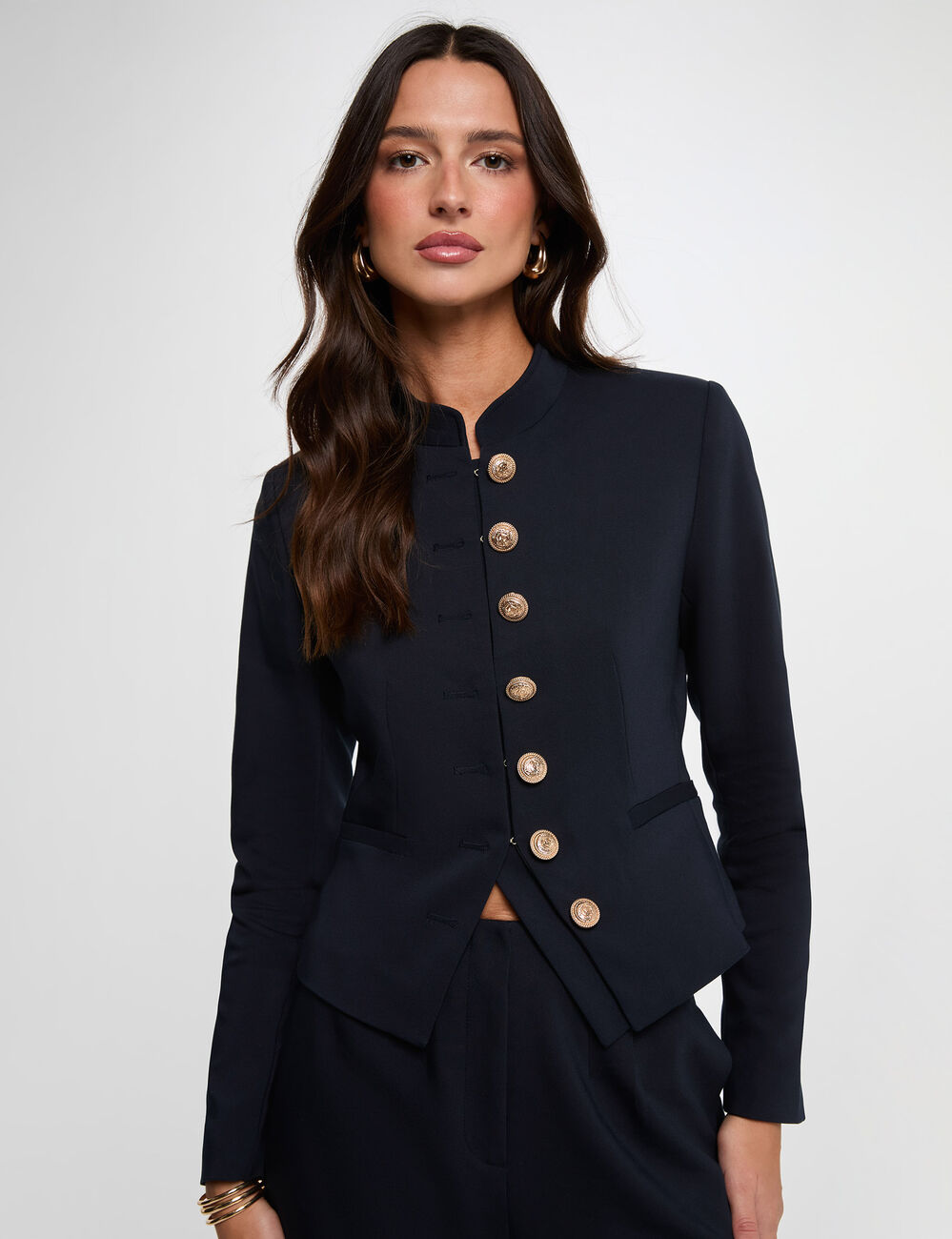 Short jacket with mandarin collar navy blue women