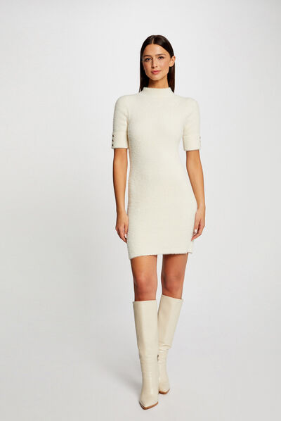Fitted jumper dress with short sleeves ivory ladies'