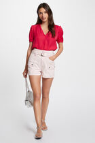 Blouse V-neck and ruffles raspberry women