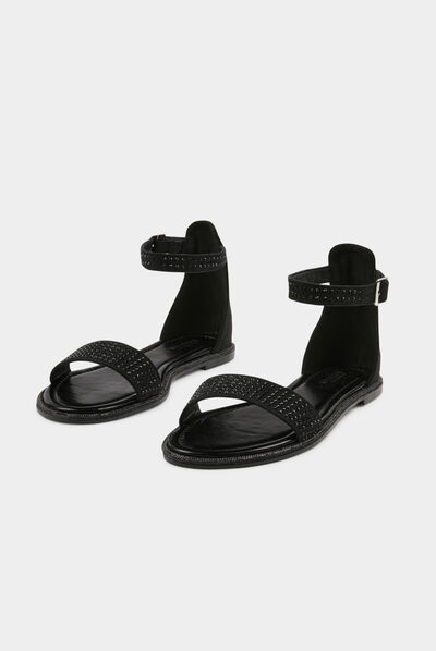 Flat sandals with rhinestones details black ladies'