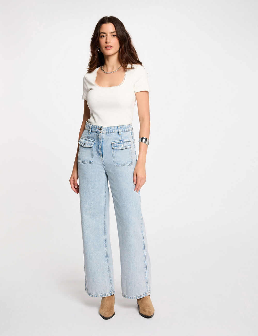 Short-sleeved ribbed t-shirt ivory women