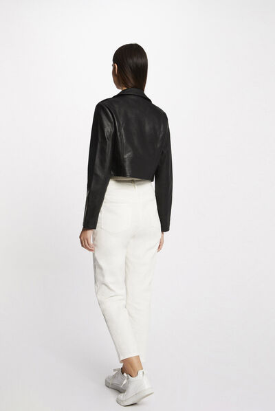 Faux leather straight zipped jacket black ladies'