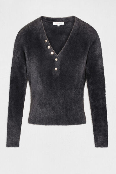 Long-sleeved jumper with V-neck anthracite grey ladies'