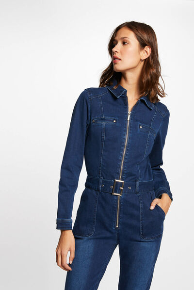 Fitted belted denim jumpsuit indigo ladies'