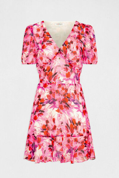 Waisted dress V-neck and floral print multico ladies'